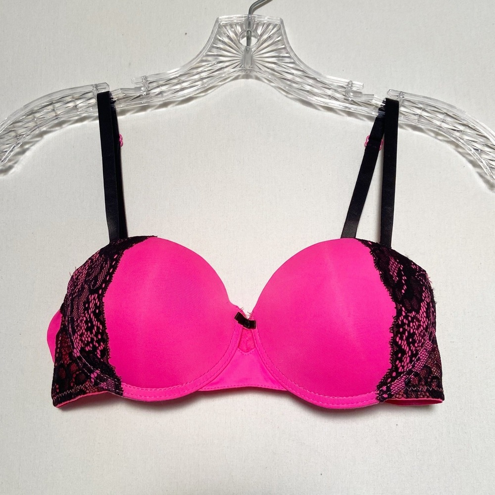 XOXO Bra Womens Size 34B Hot Pink Black Lace Push Up Underwire Padded Lingerie